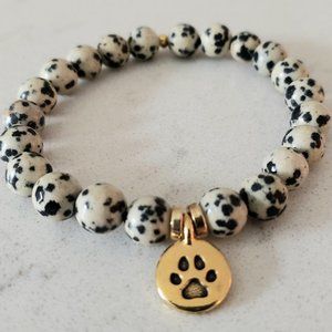 Beaded Dalmation Jasper Gemstone Bracelet with Gold Paw Charm